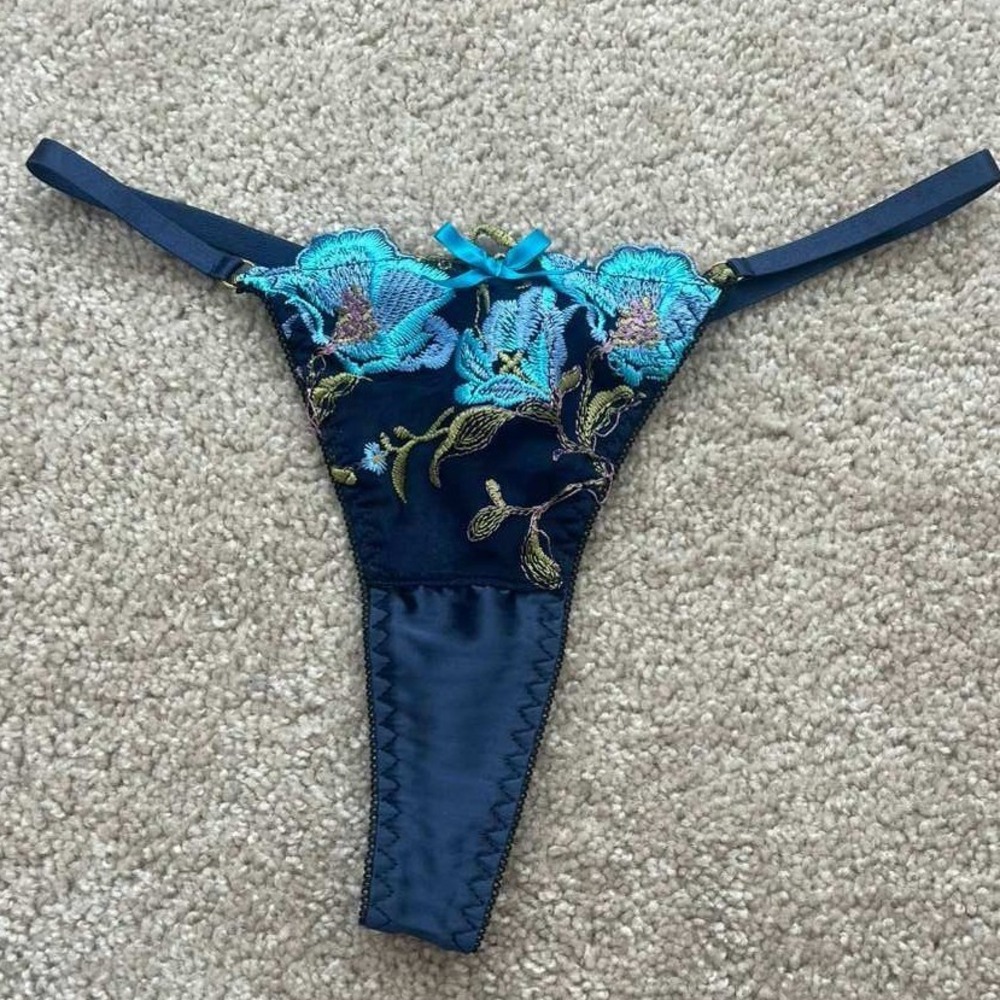 Navy Blue Floral Embroidered‎ G-String Thong Mesh Lingerie Panty Small Turquoise